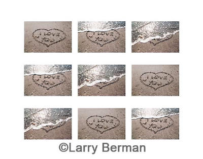 "i love you" heart in sand sequence of nine photographs - tic tac toe