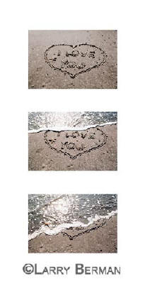 "i love you" heart in sand sequence of three photographs